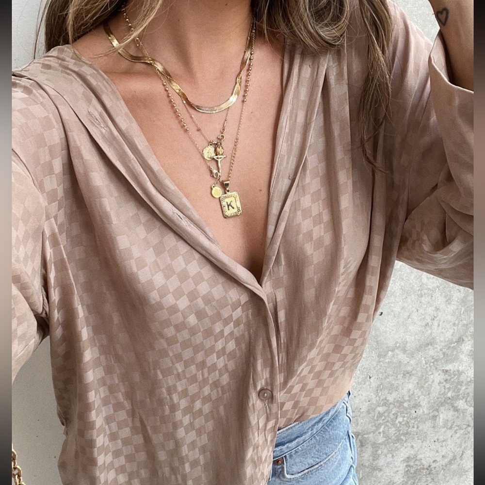 Checkered Satin Like Button Down - image 1